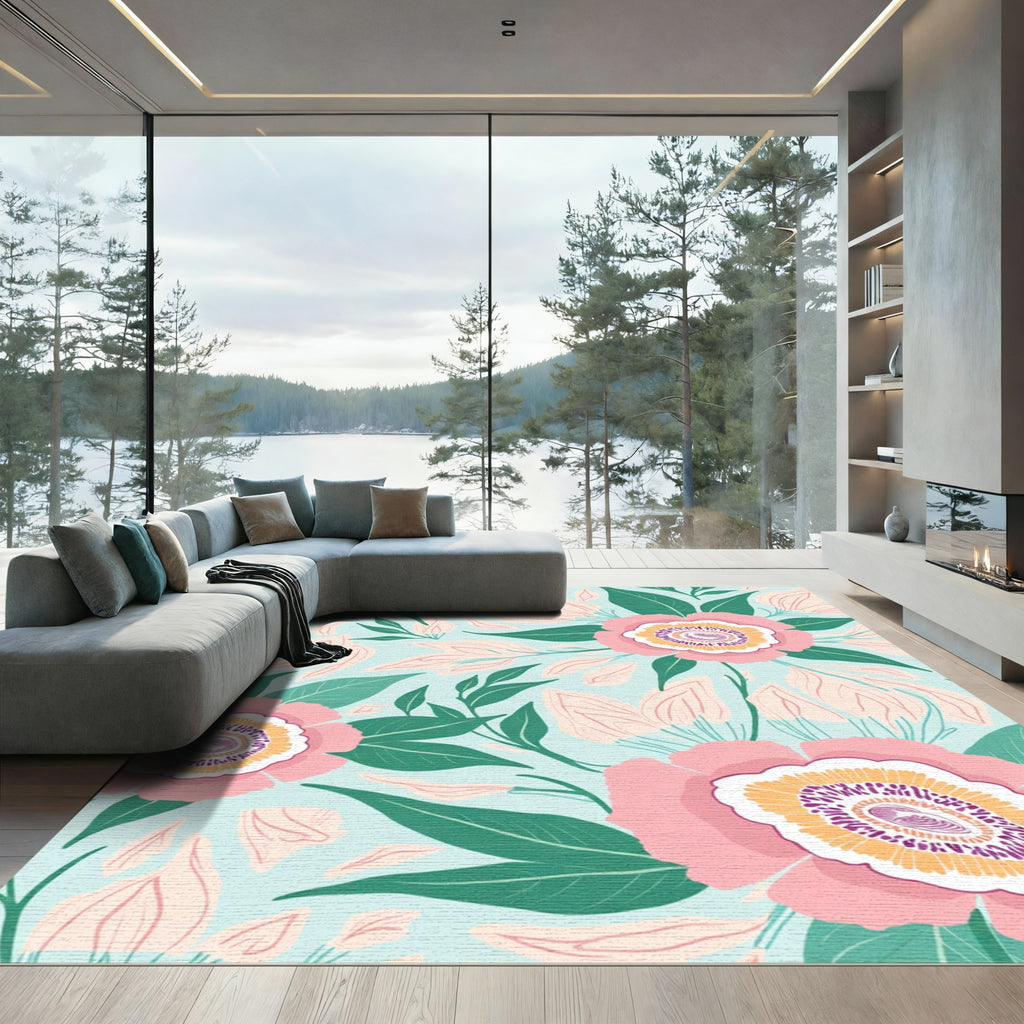 Coral Pink Blooming Floral Garden Rug