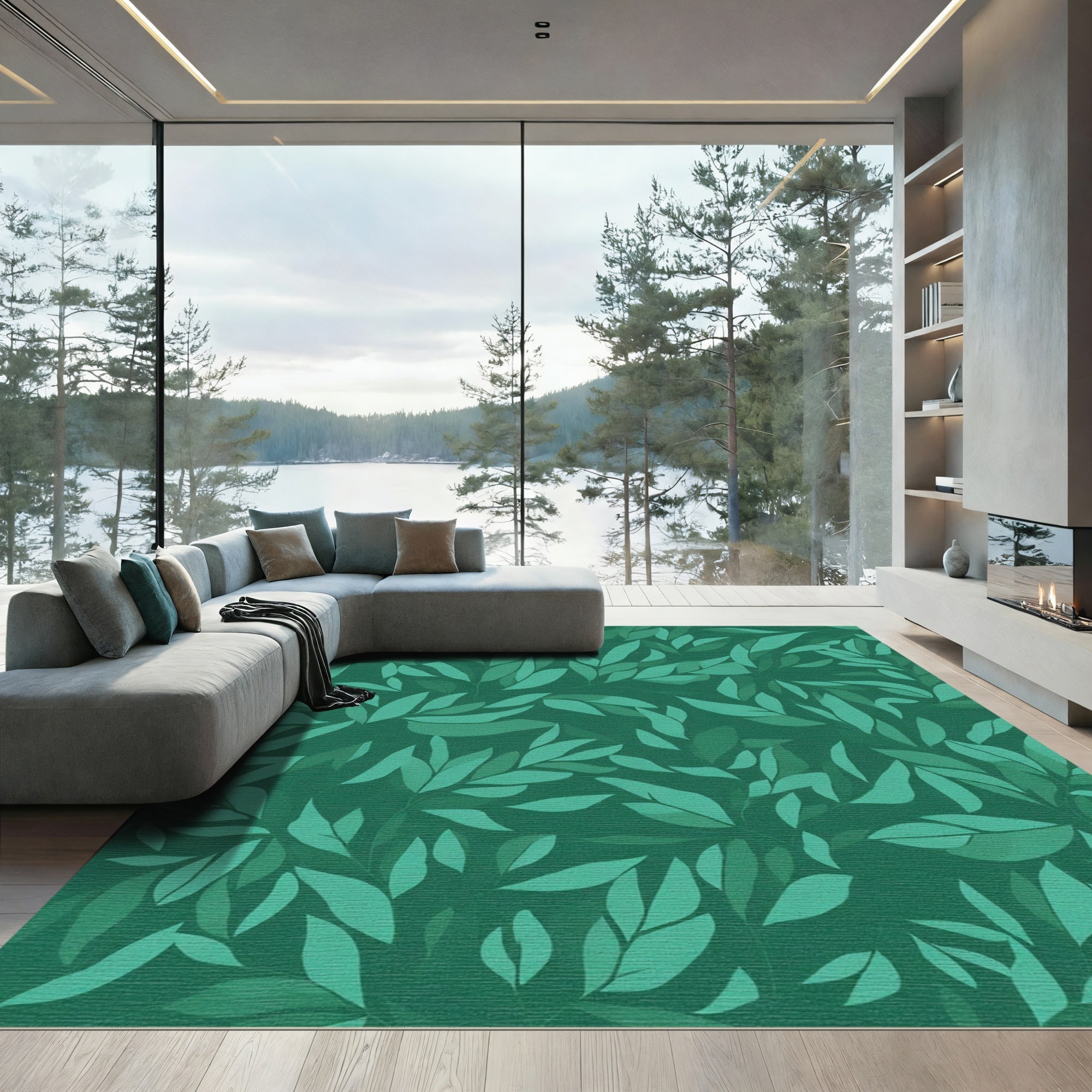Emerald Green Leafy Branch Landscape Rug