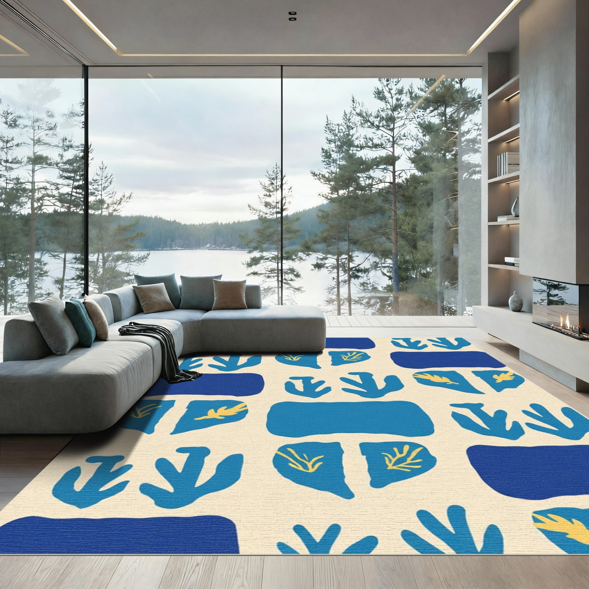 Blue Yellow Bold Organic Shapes Rug