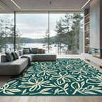 Cream Floral Branches Teal Background Rug