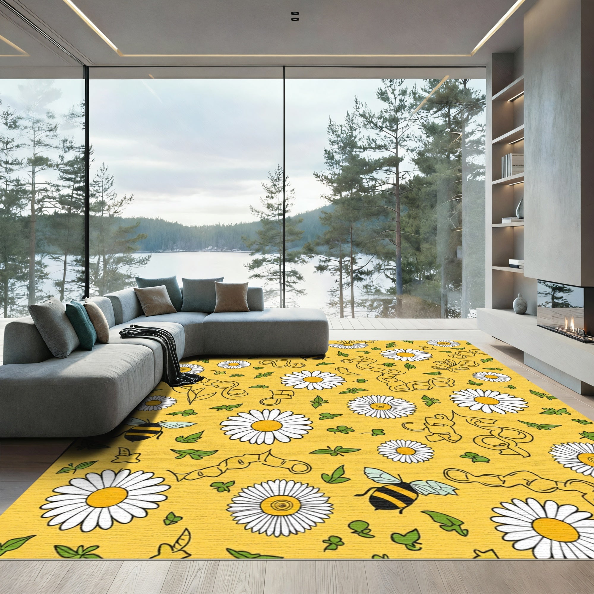 Whimsical Yellow Daisy Bee Meadow Rug