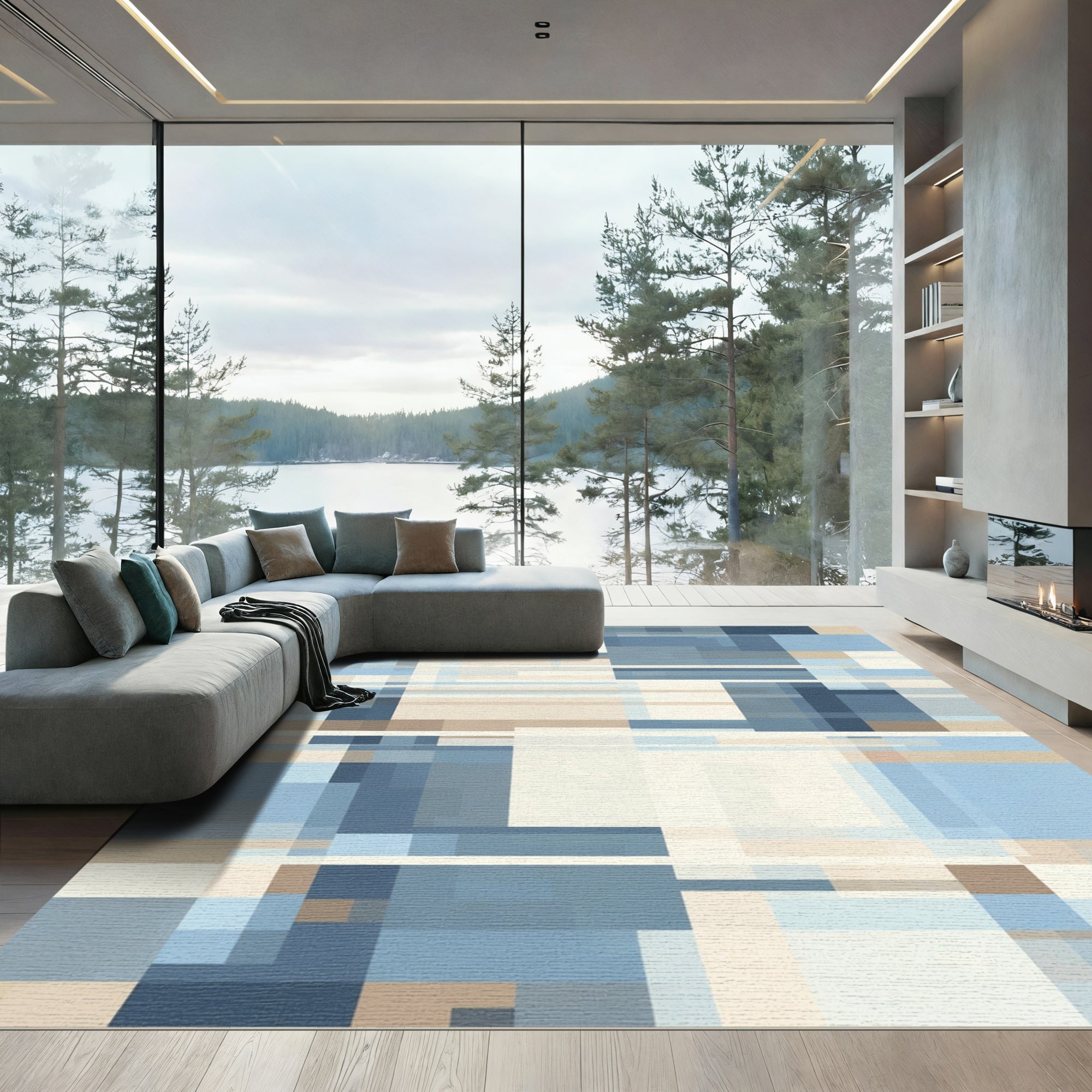 Abstract Blue Tan Geometric Blocks Rug