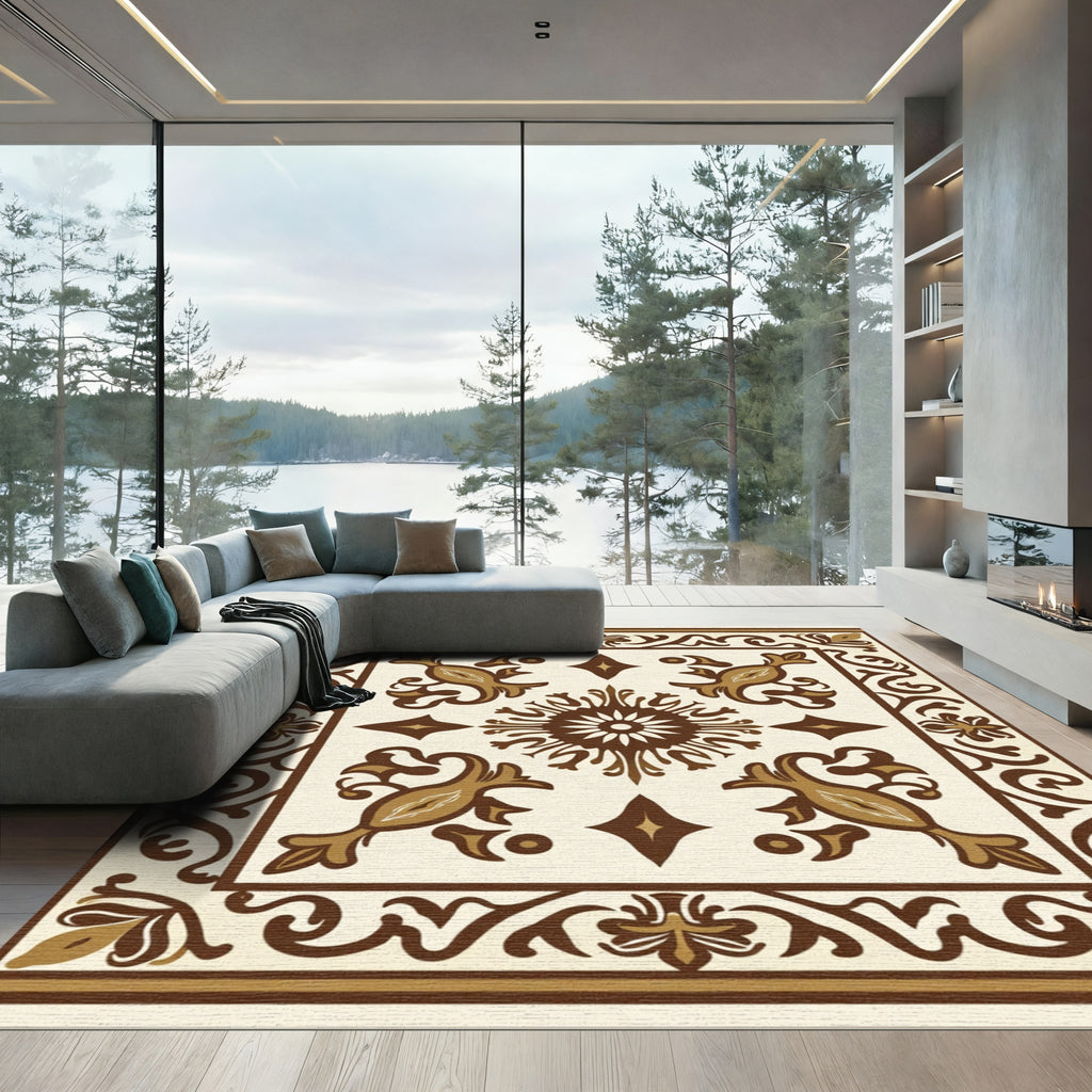 Brown Cream Medallion Arabesque Scrollwork Rug