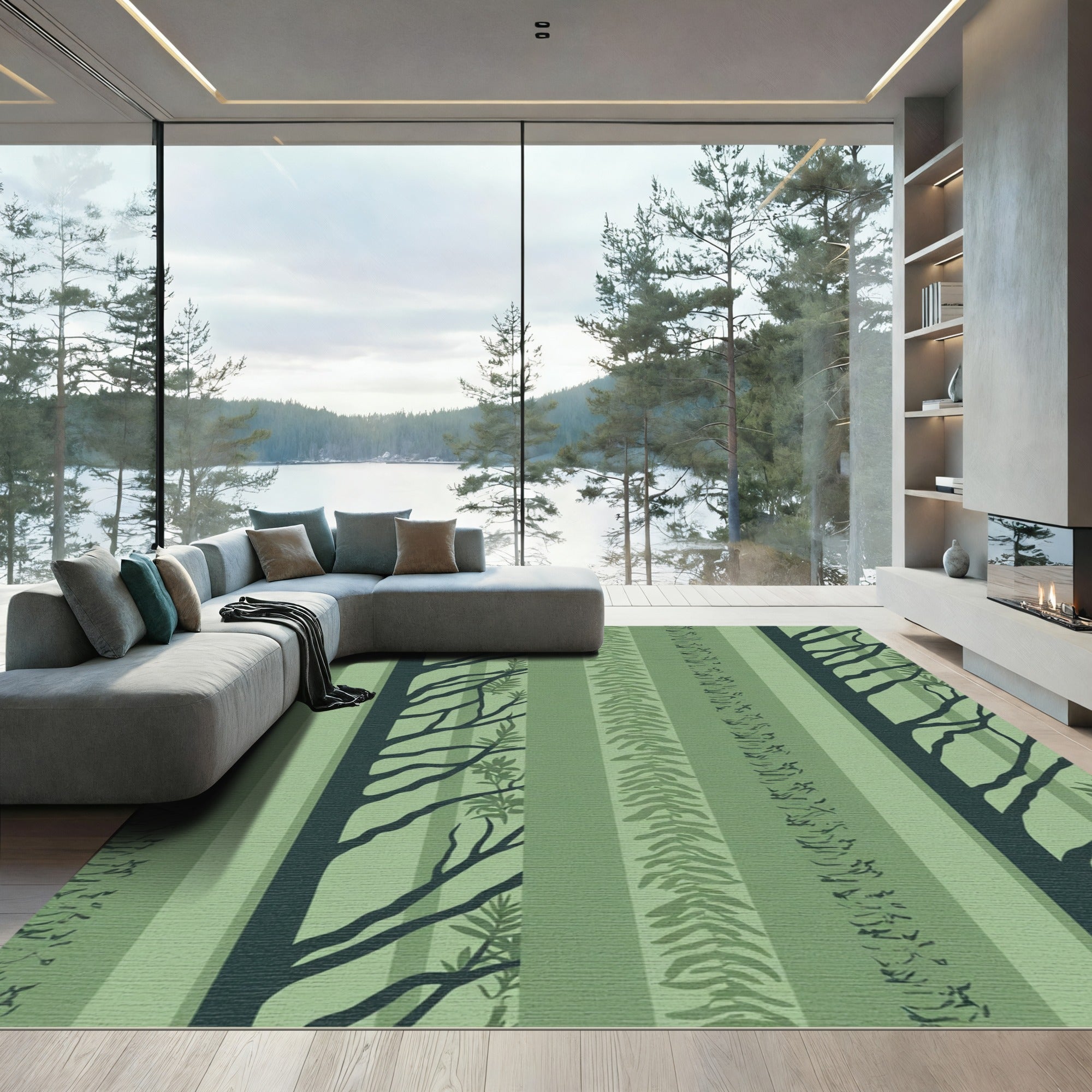 Dark Green Forest Striped Branches Rug