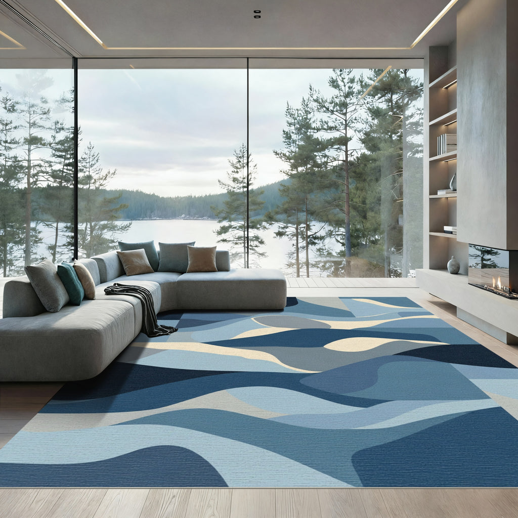 Abstract Navy Blue Wavy Forms Rug