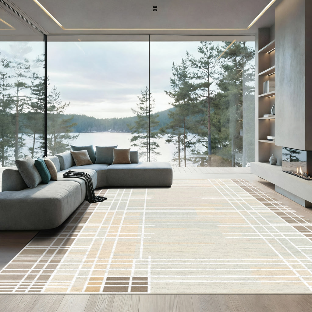 Neutral Plaid Stripe Block Overlay Rug