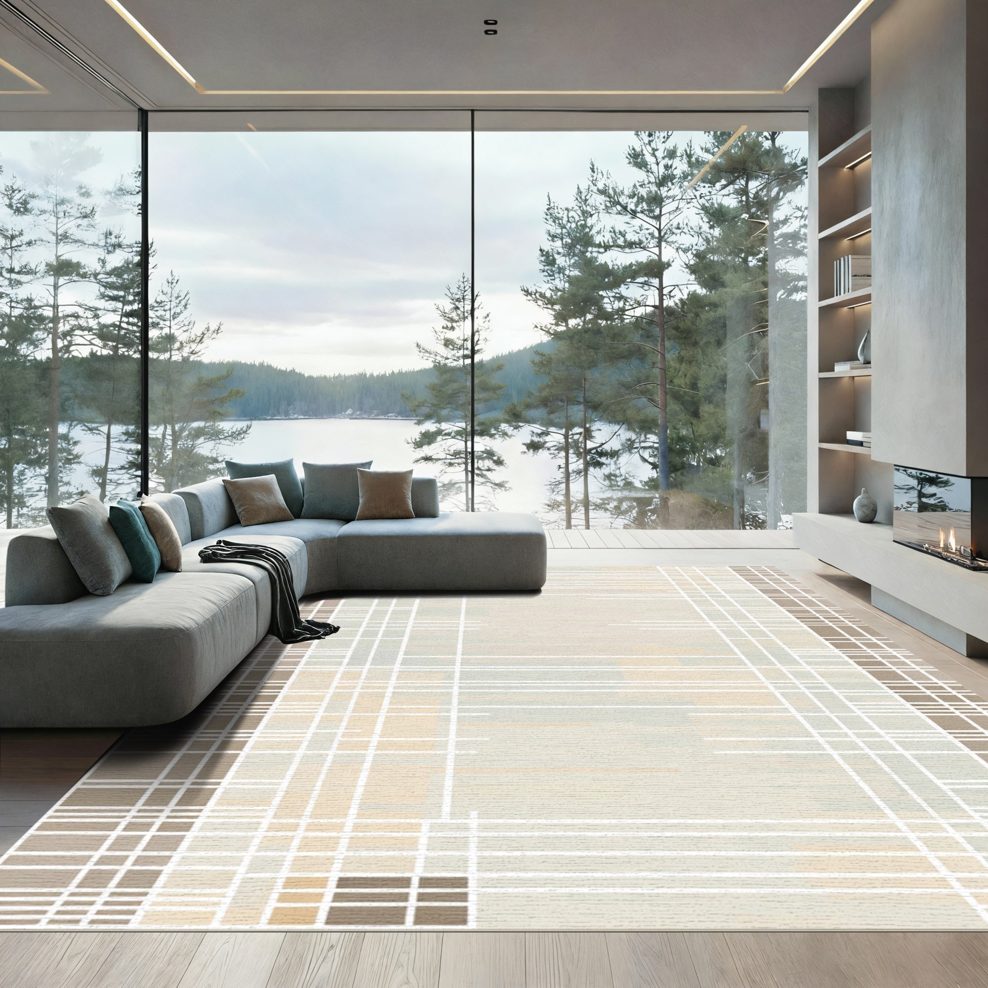 Neutral Plaid Stripe Block Overlay Rug