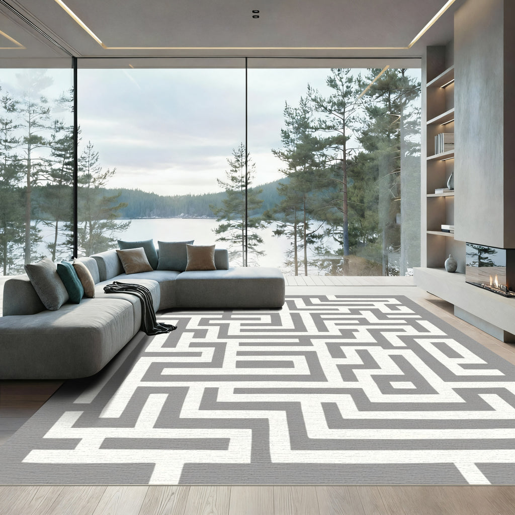Modern Gray White Maze Pathway Rug