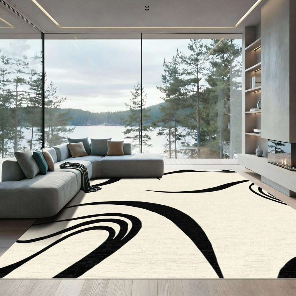 Cream and Black Swirl Abstract Rug