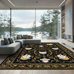 Black and Gold Whimsical Cat Floral Rug