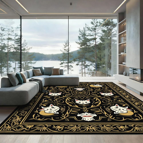 Black and Gold Whimsical Cat Floral Rug