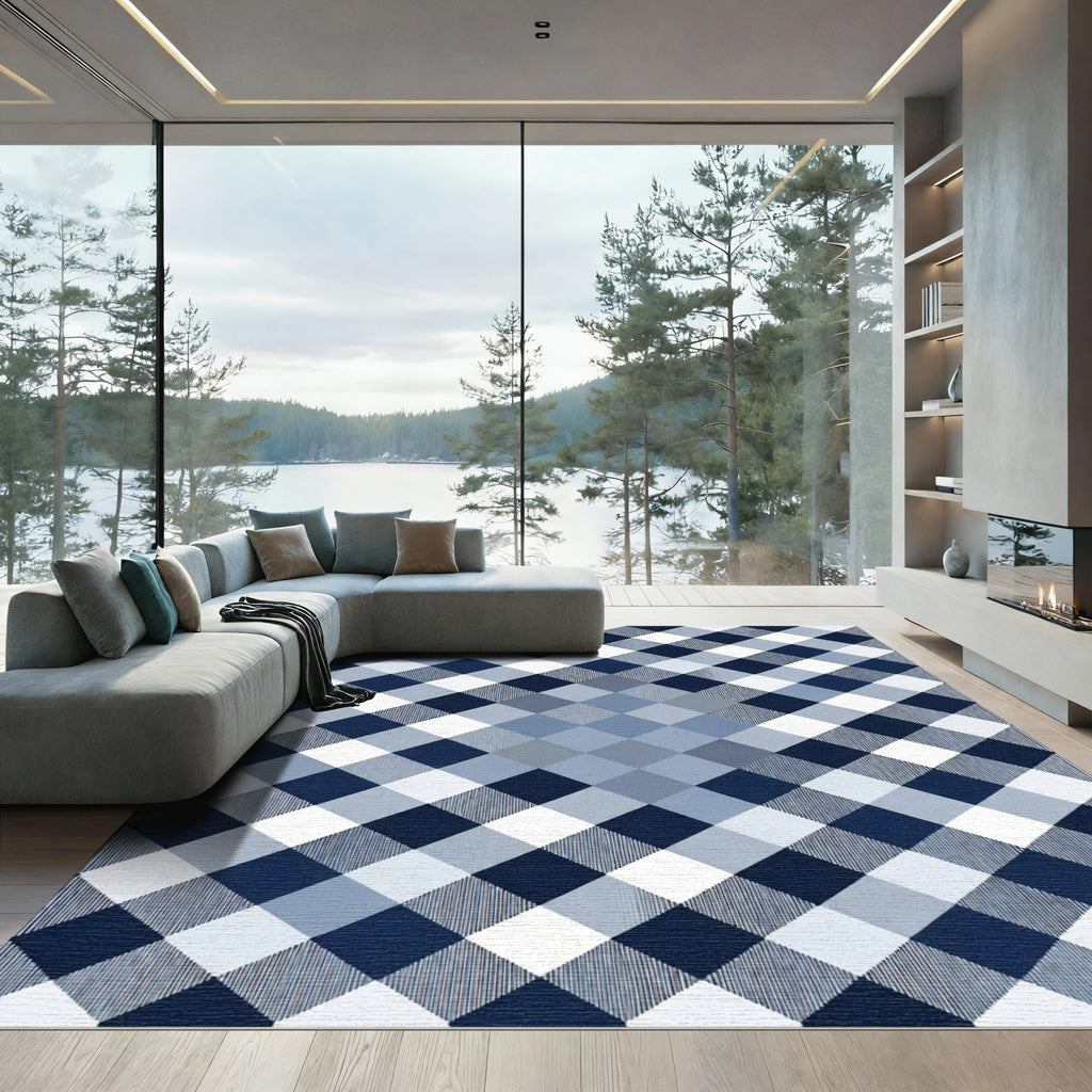 Navy Blue White Gingham Diamond Rug