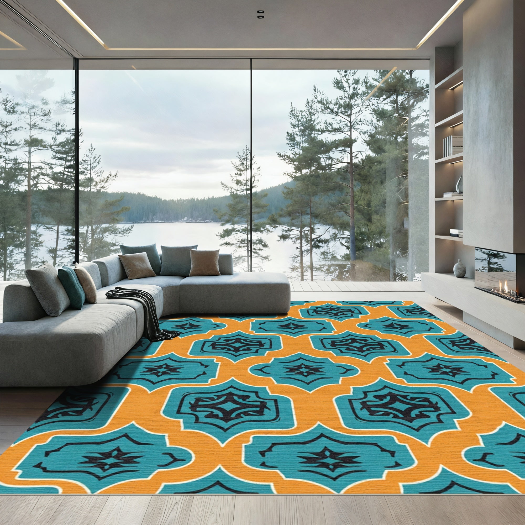 Teal Orange Quatrefoil Geometric Arrangement Rug