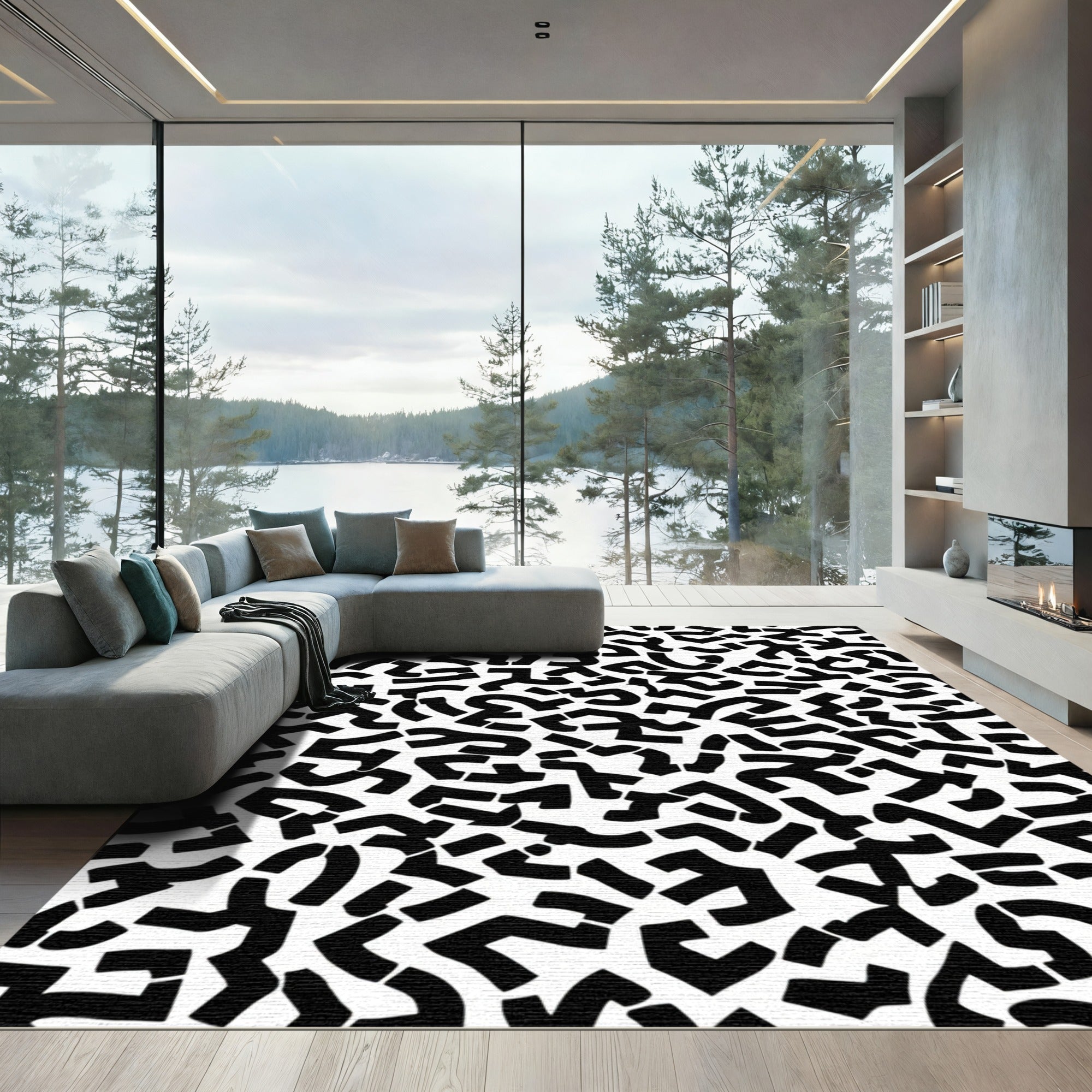 Monochromatic Abstract Jigsaw Shapes Rug