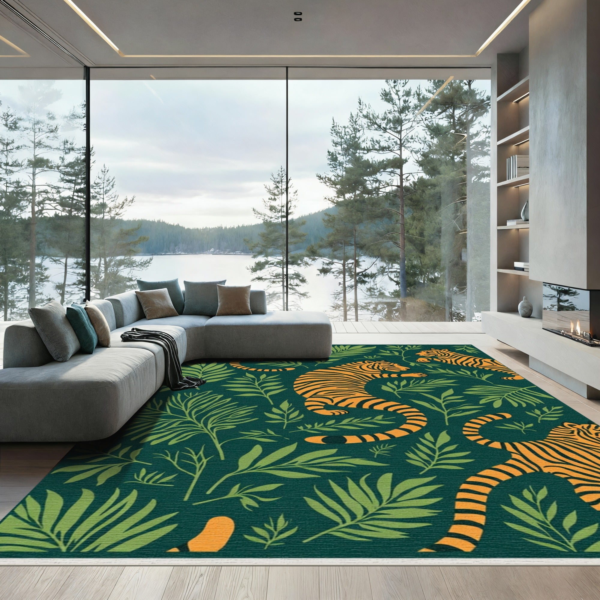 Bold Orange Tiger Jungle Leaves Rug
