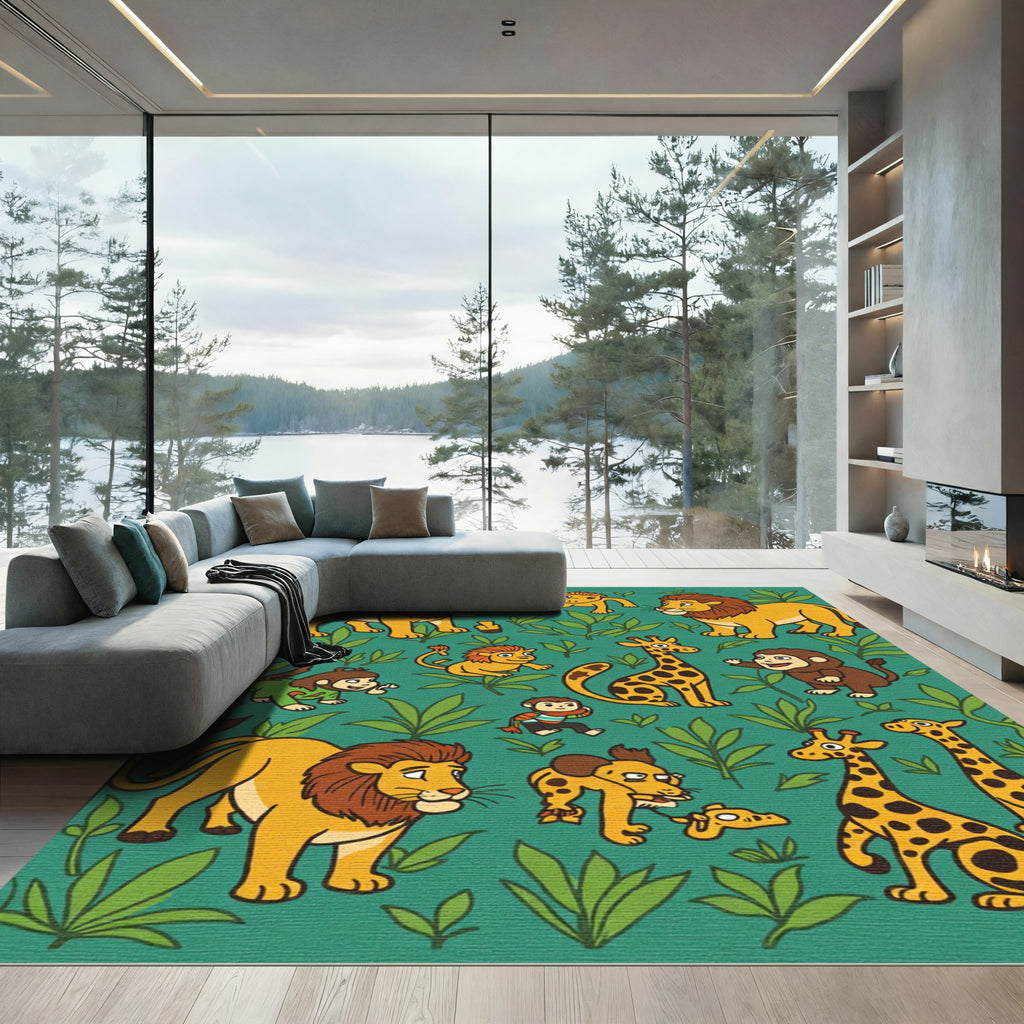 Whimsical Jungle Animals Green Background Rug