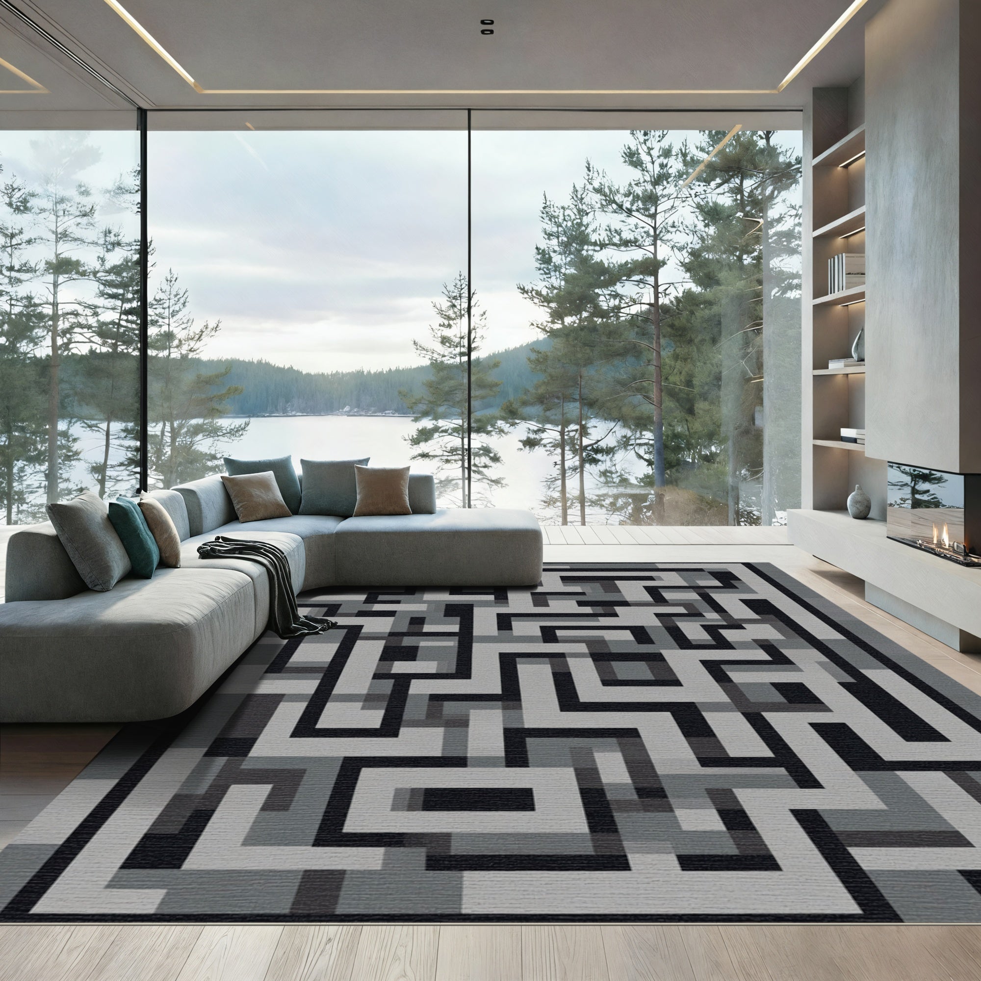 Monochrome Maze Abstract Geometric Rug