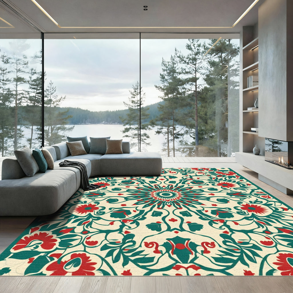 Crimson Teal Floral Mandala Rug
