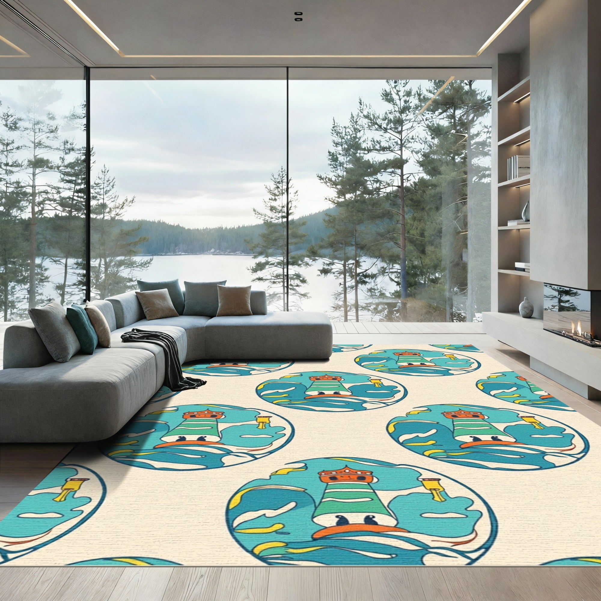 Whimsical Lighthouse Ocean Waves Medallion Rug
