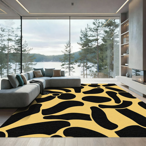 Abstract Black Organic Shapes Ochre Rug