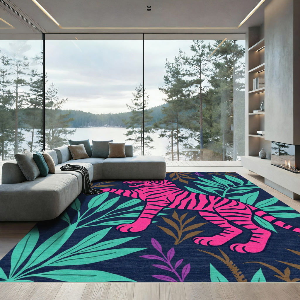 Vibrant Pink Tiger Tropical Jungle Rug
