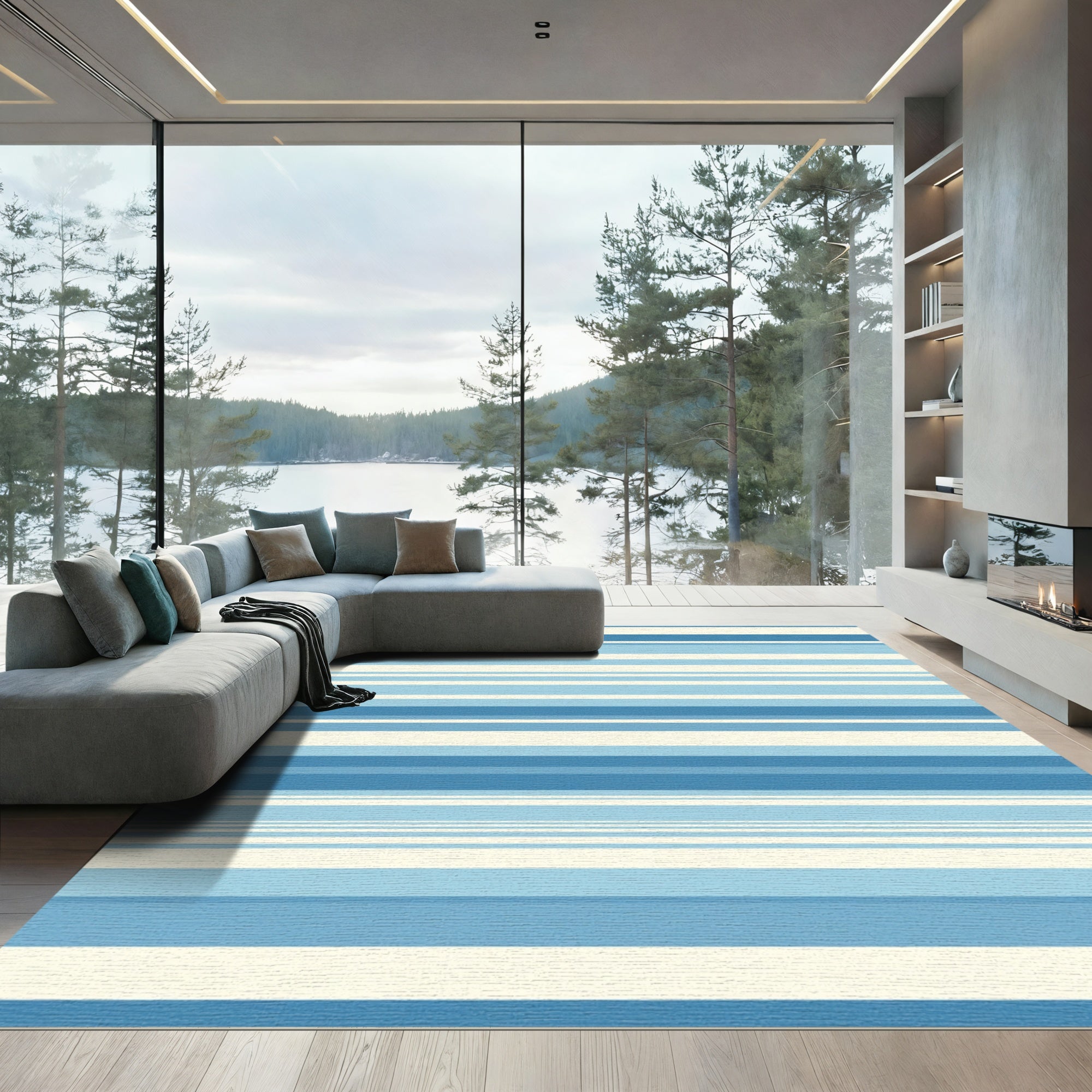 Cool Blue Toned Striped Rug