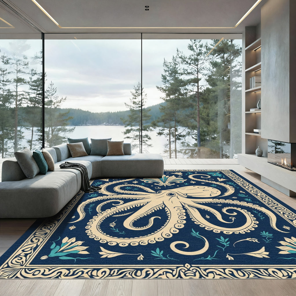 Navy Blue Cream Octopus Floral Rug