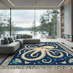 Navy Blue Cream Octopus Floral Rug