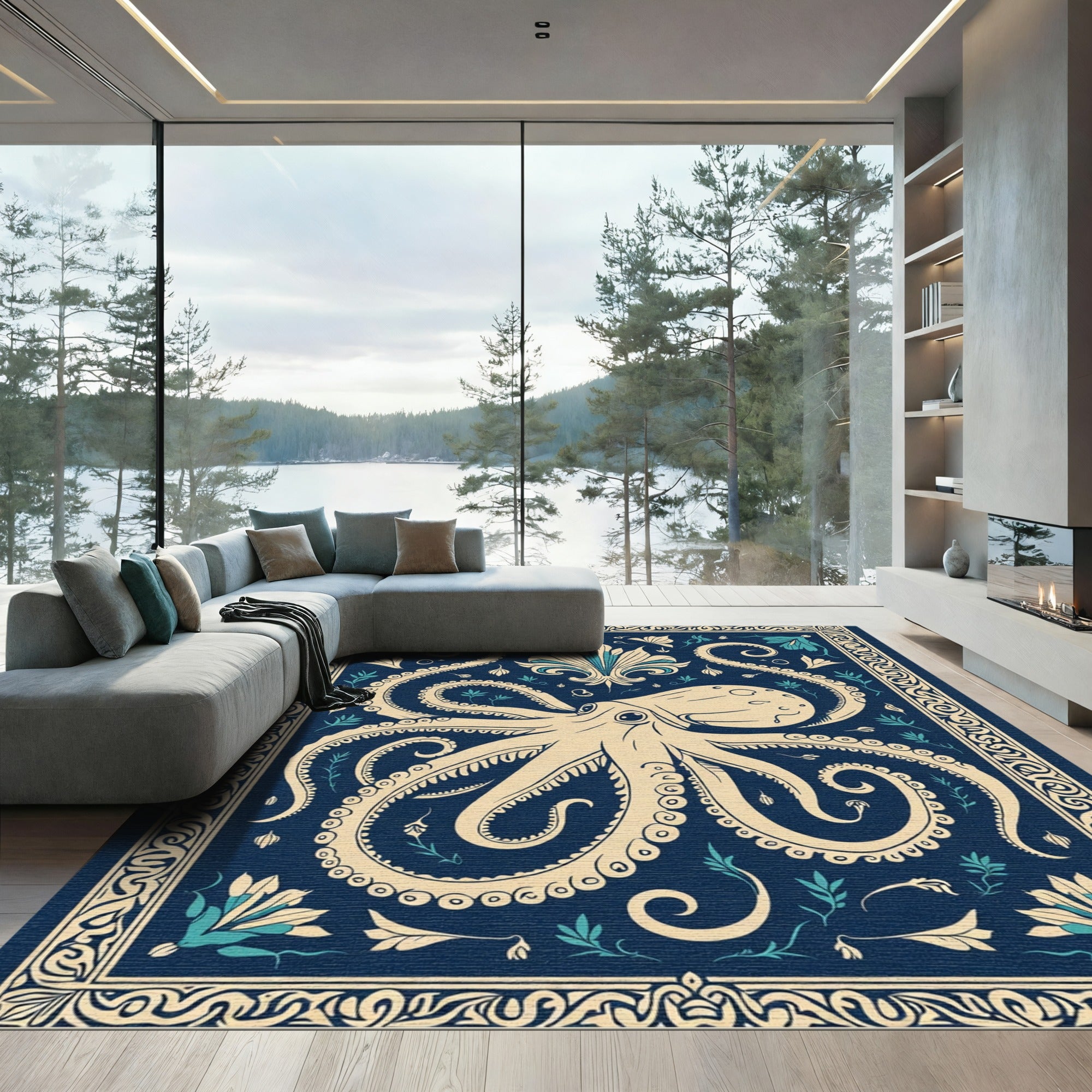 Navy Blue Cream Octopus Floral Rug