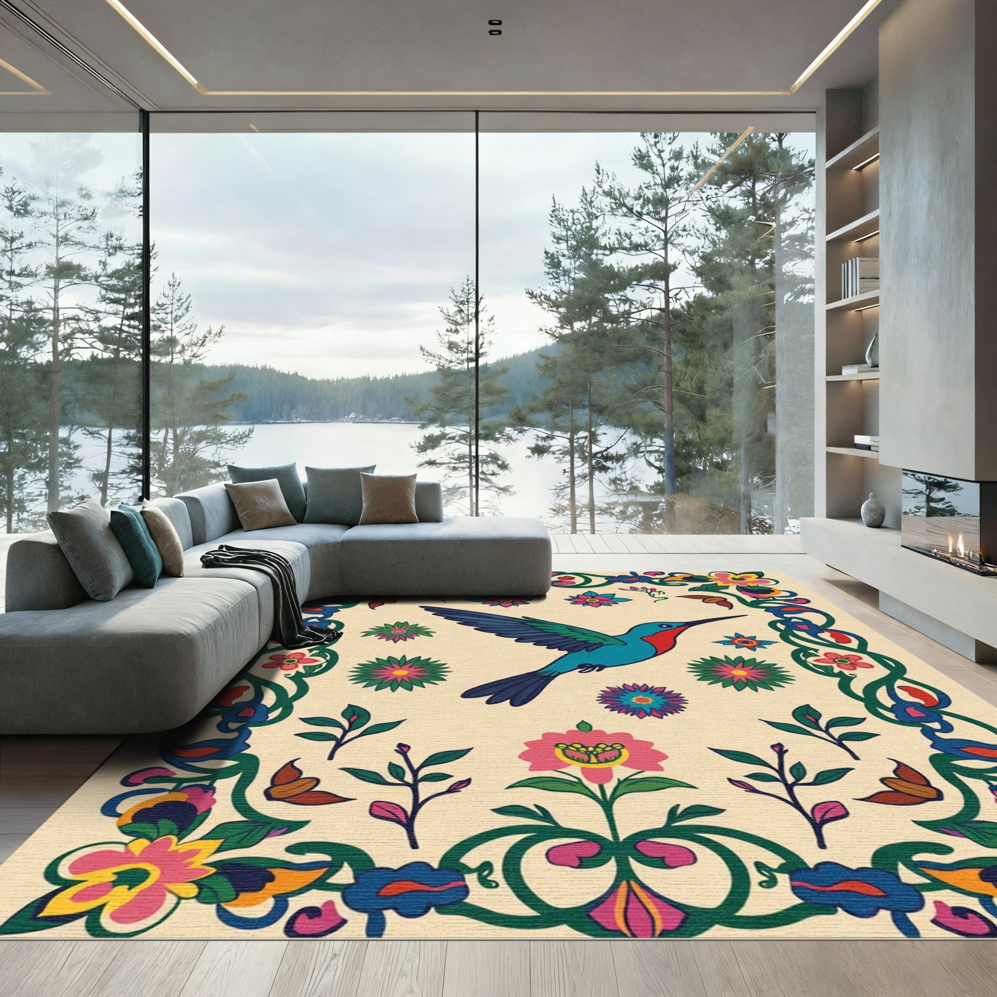 Colorful Hummingbird Floral Border Rug