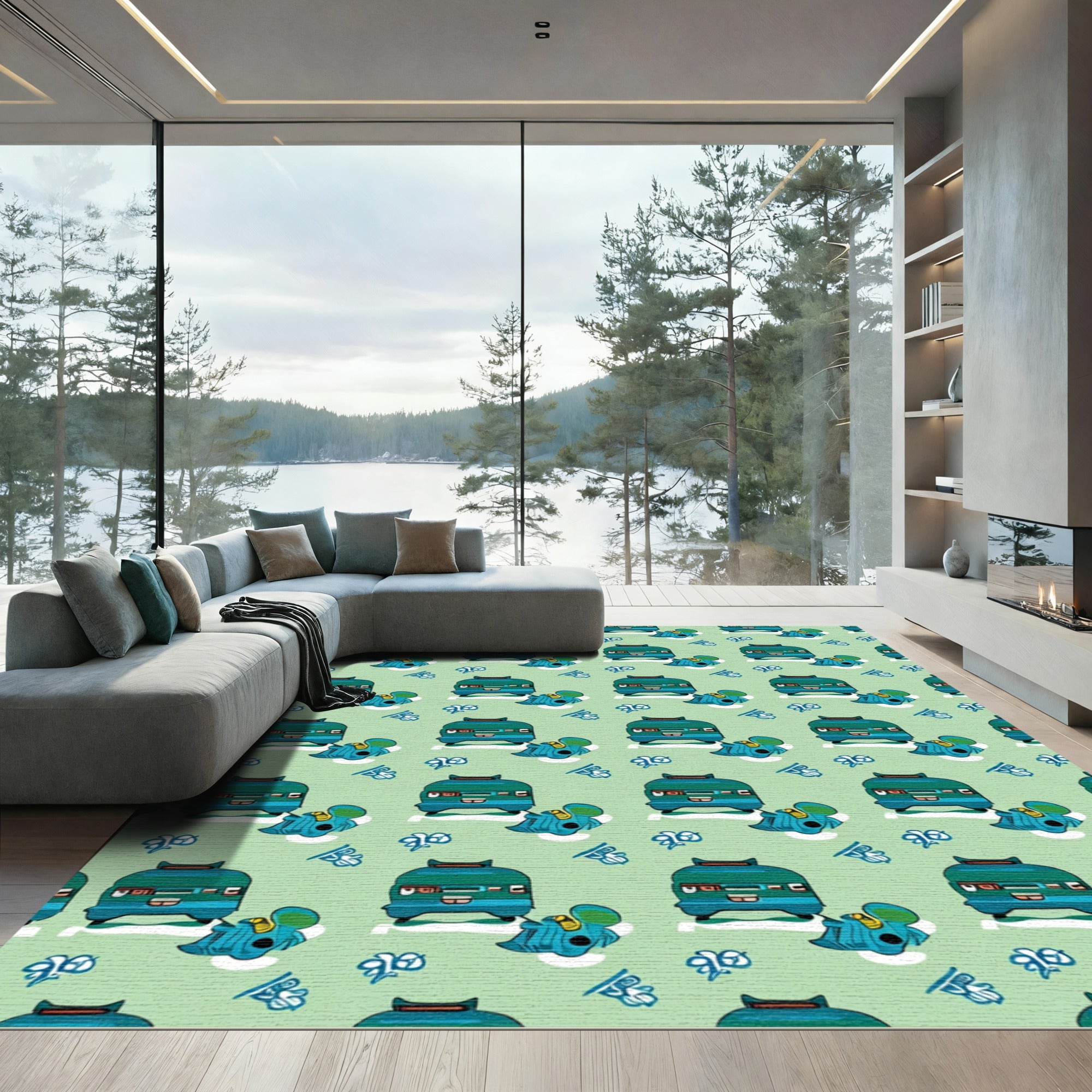 Teal Bus Blue Blob Repeating Pattern Rug