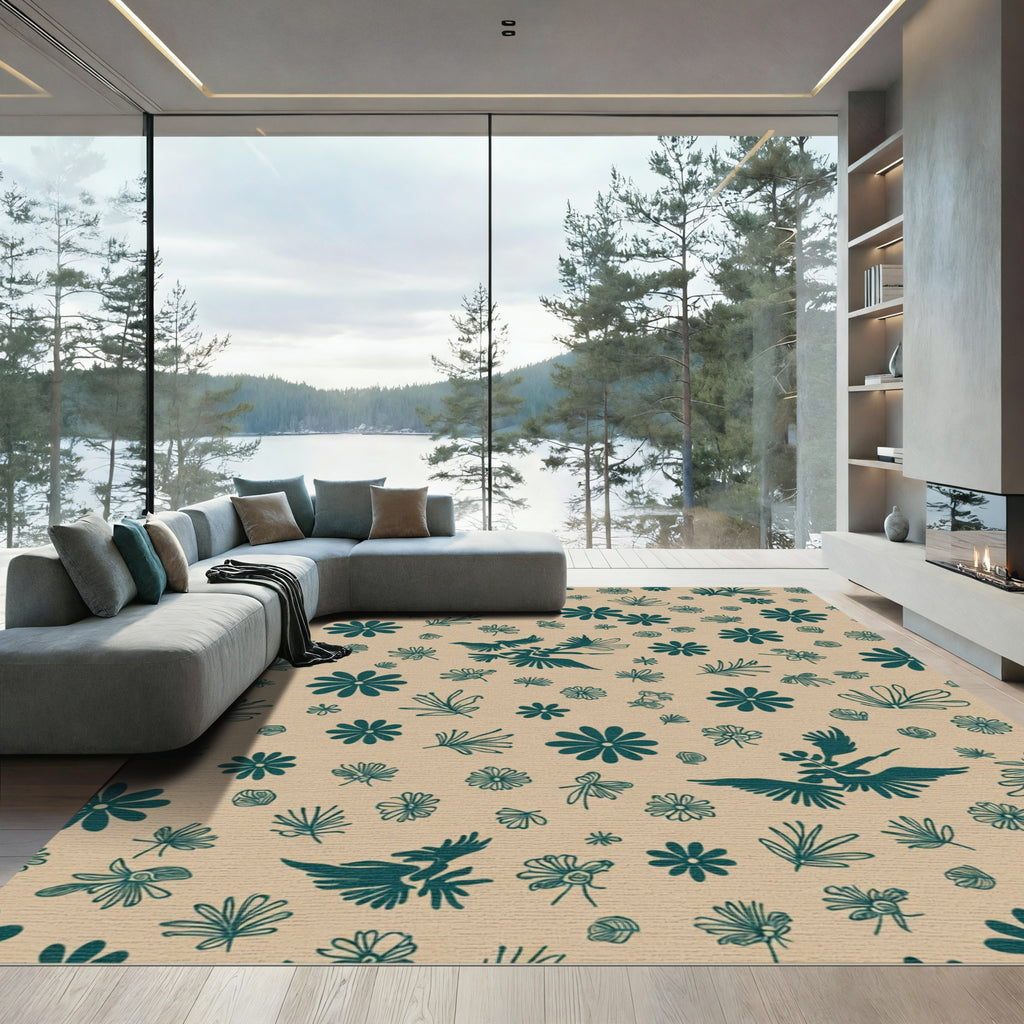 Teal Birds Floral Spray Pattern Rug