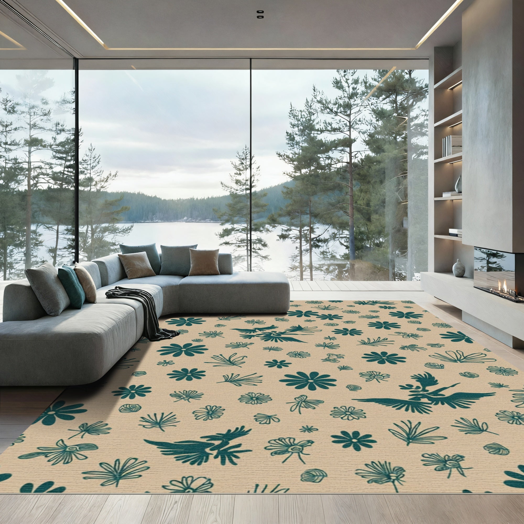 Teal Birds Floral Spray Pattern Rug