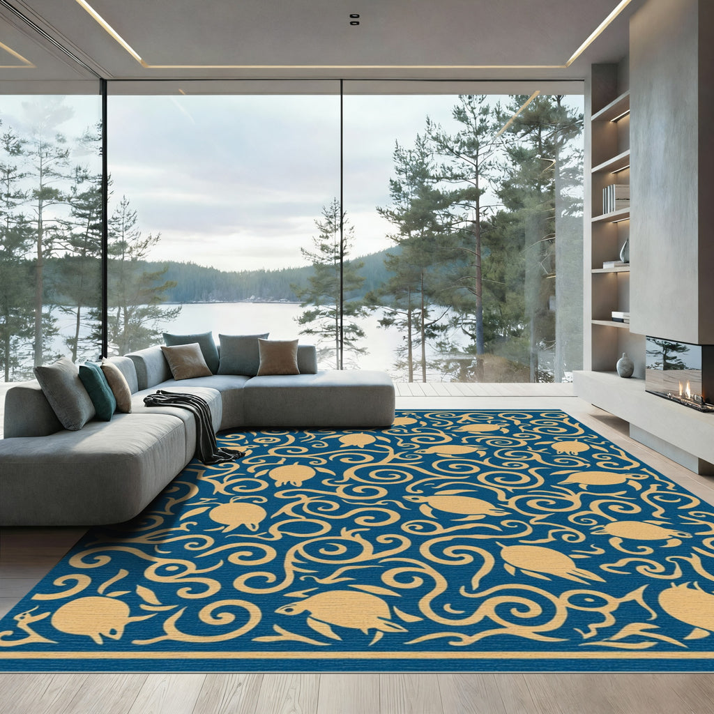 Golden Sea Turtle Swirl Navy Rug