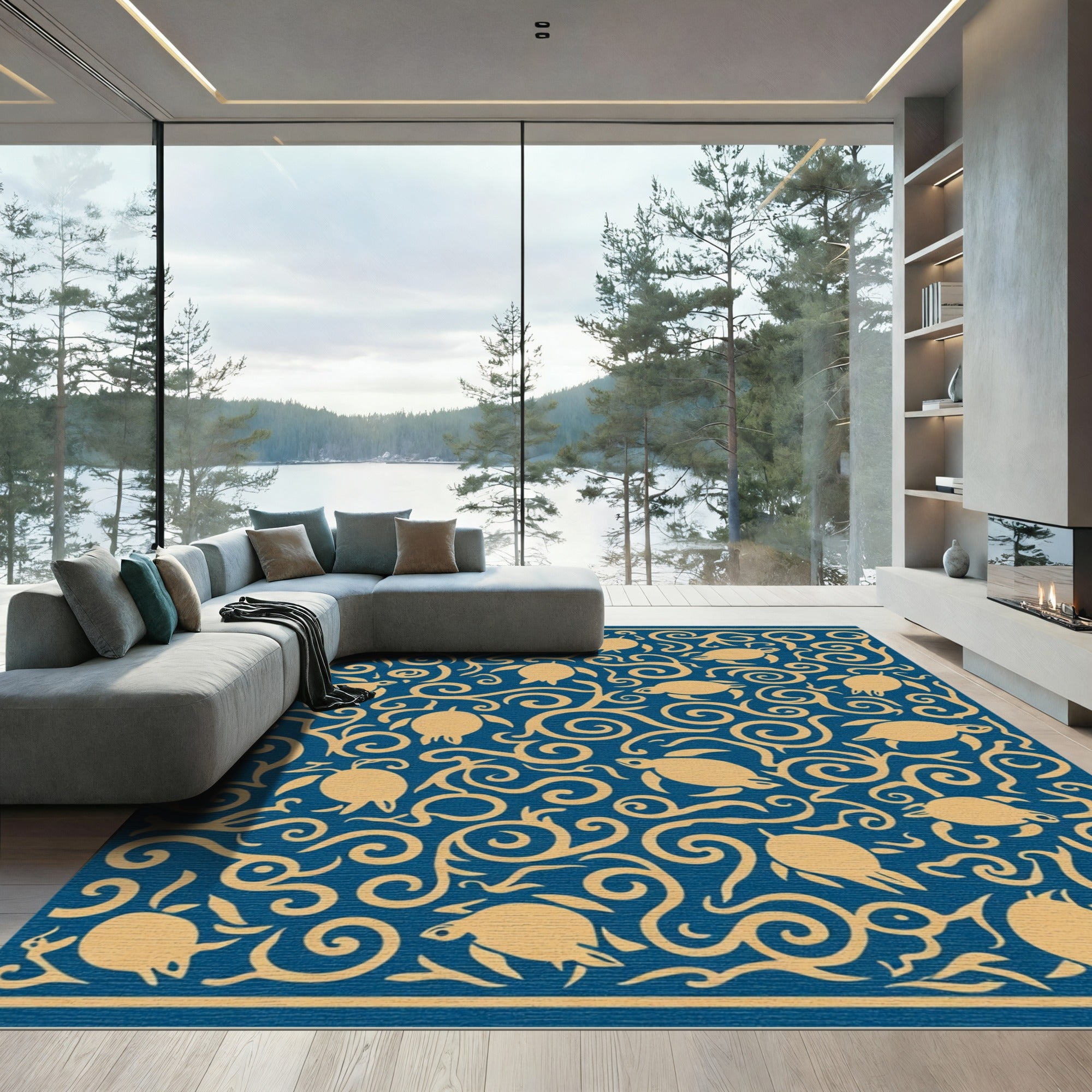 Golden Sea Turtle Swirl Navy Rug