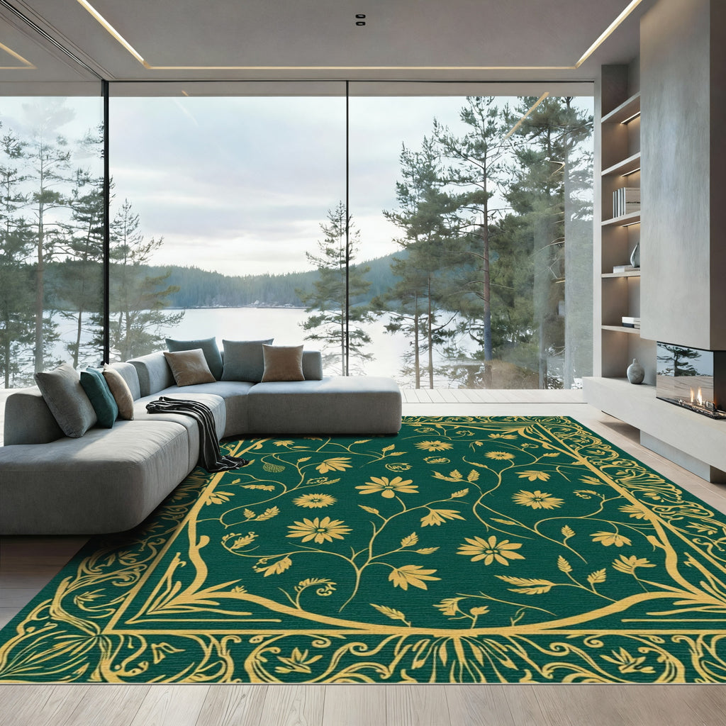 Deep Green Golden Botanical Scrollwork Art Rug