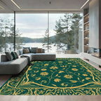 Deep Green Golden Botanical Scrollwork Art Rug