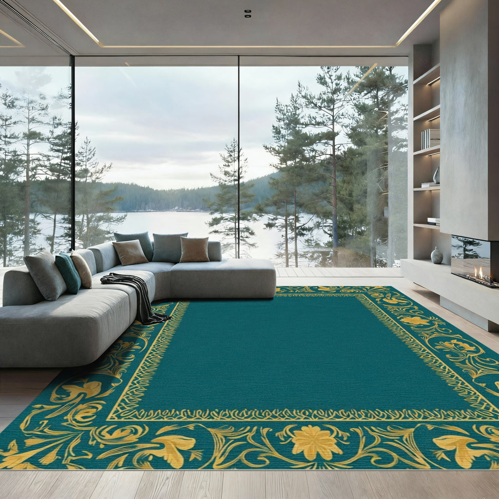 Gold Floral Border Teal Rug