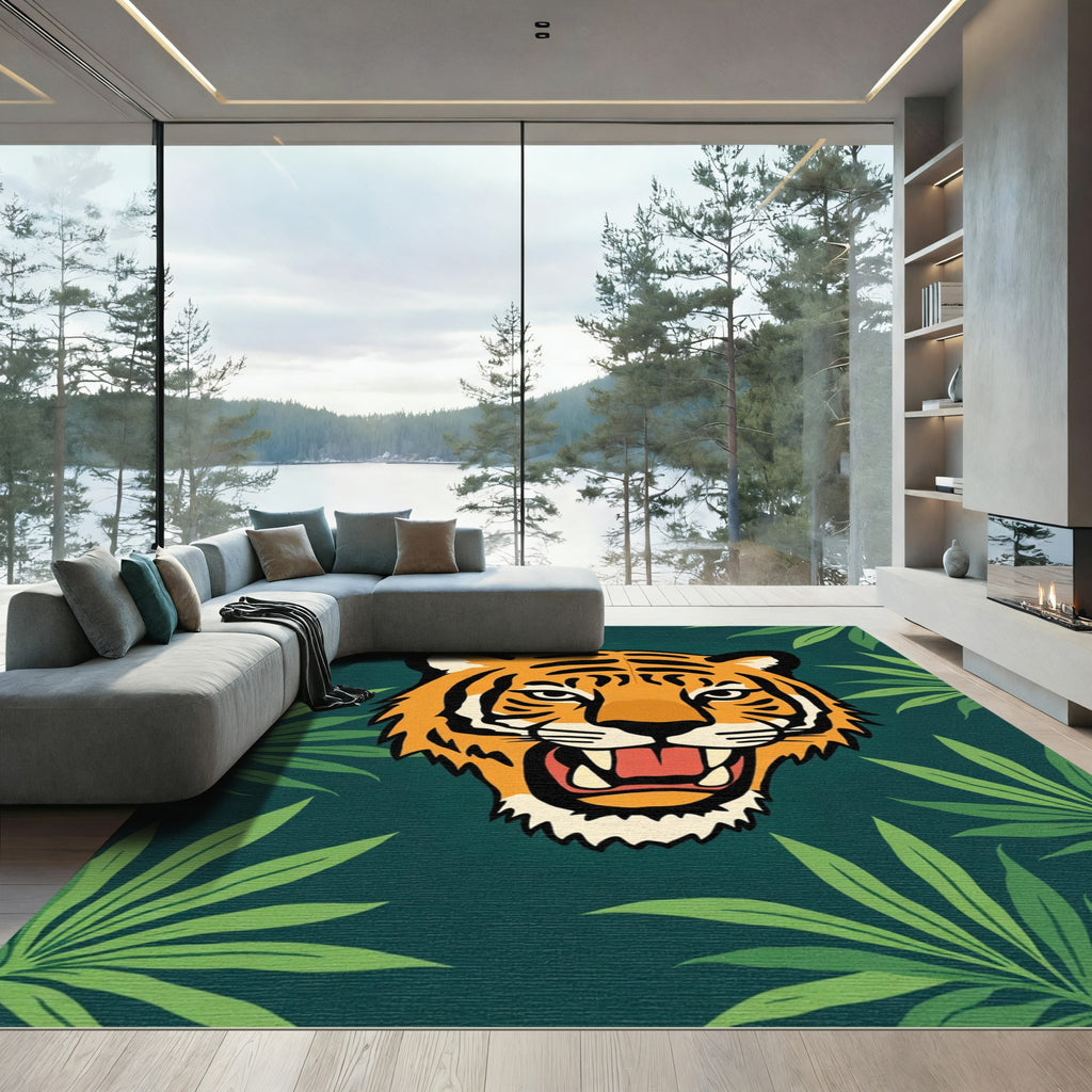 Fierce Tiger Jungle Green Leaves Rug