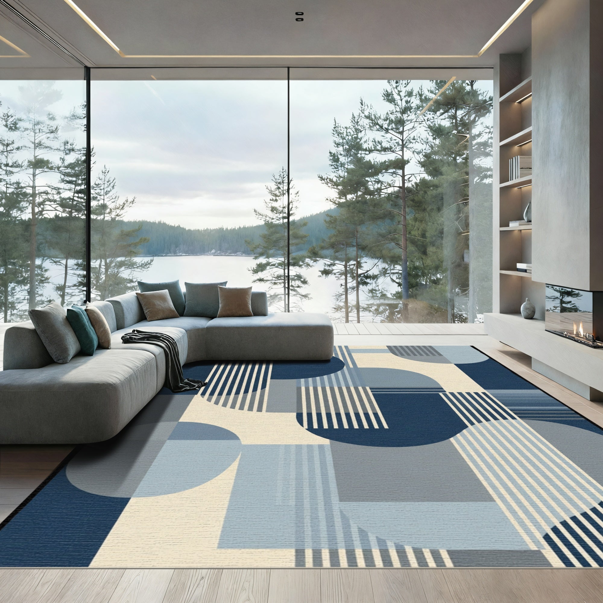 Geometric Blue Circles And Stripes Rug