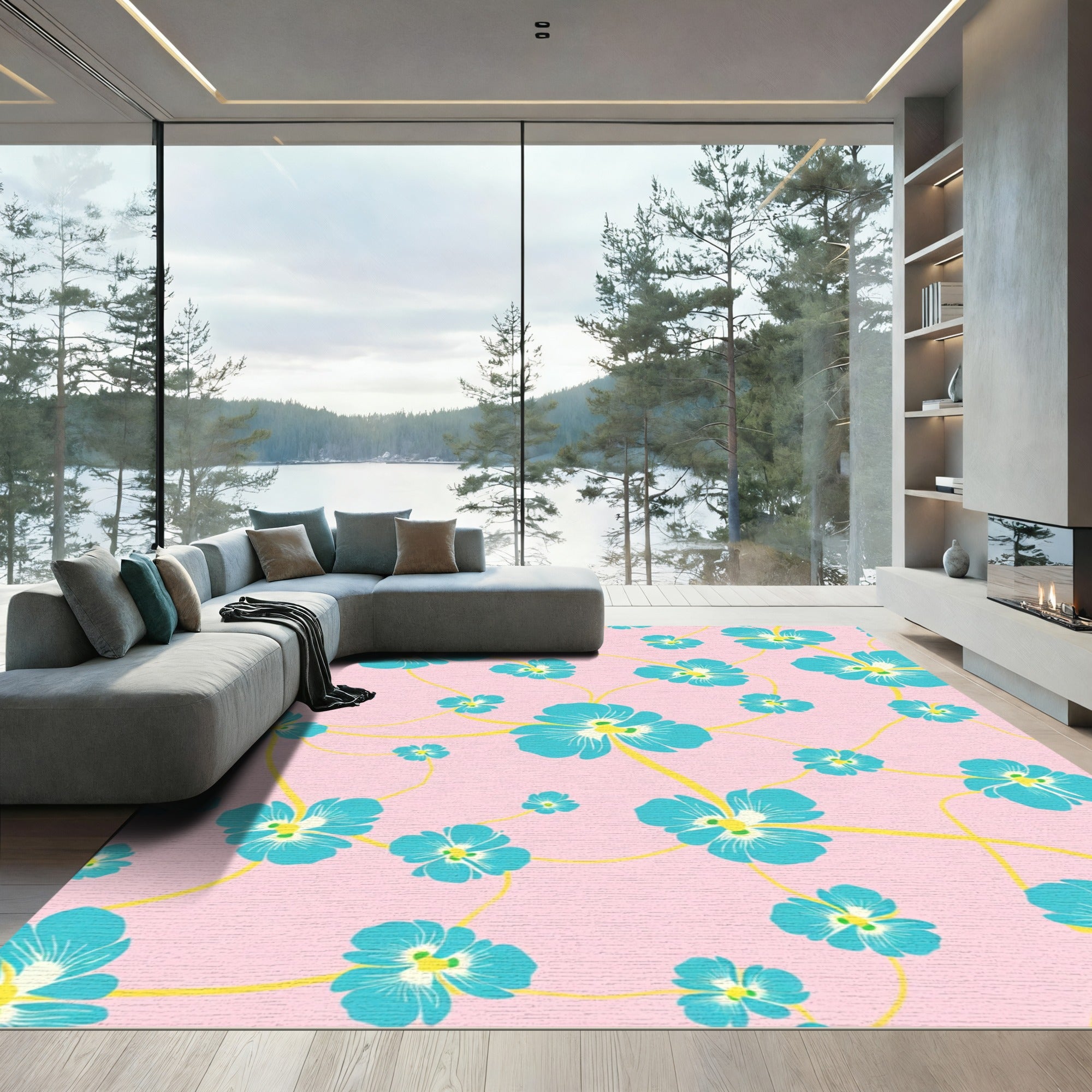 Pink Aqua Floral Garden Vine Rug