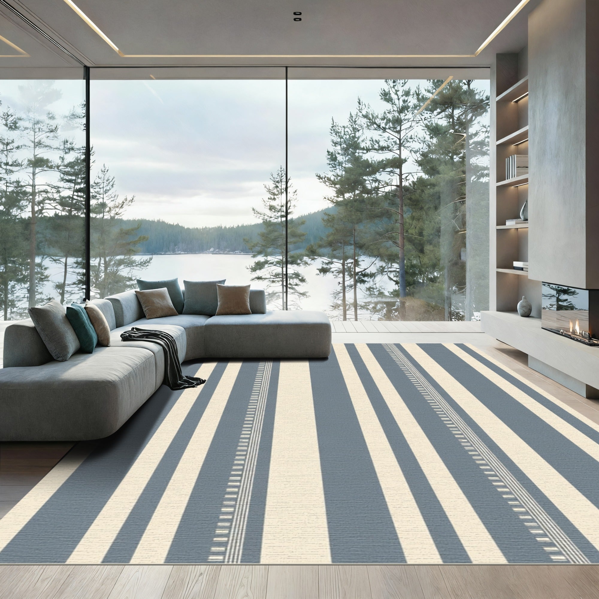 Gray Beige Wide Stripe Detail Rug