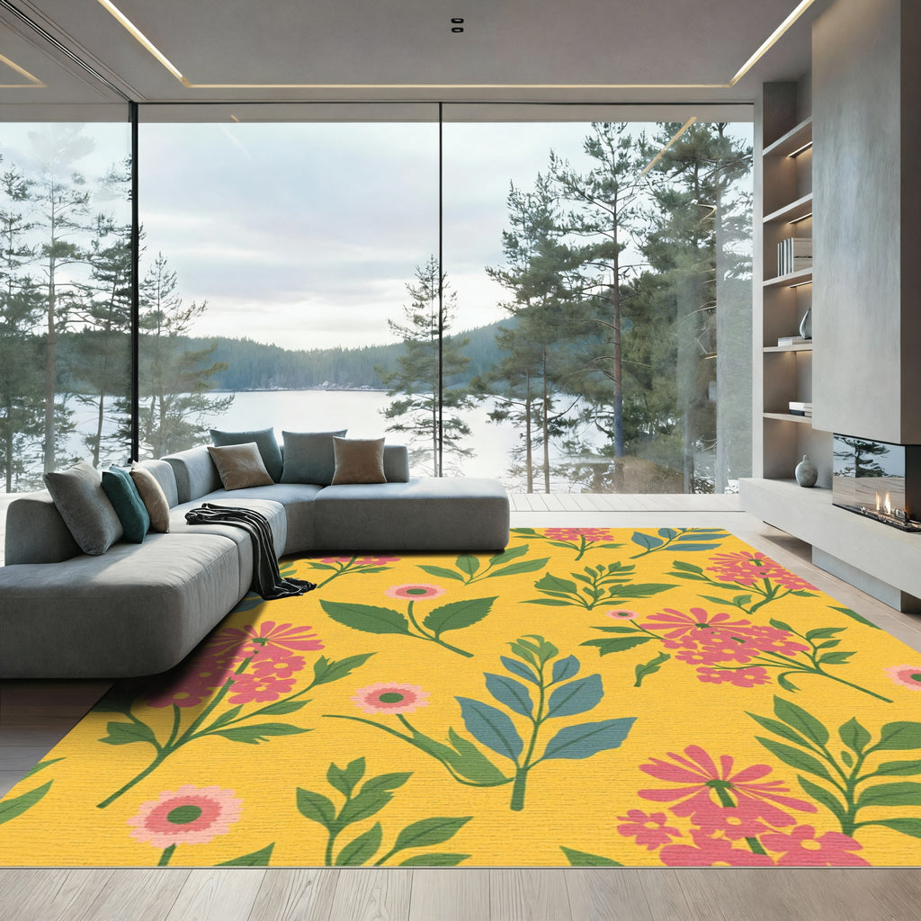 Bright Yellow Blooming Floral Sprigs Rug