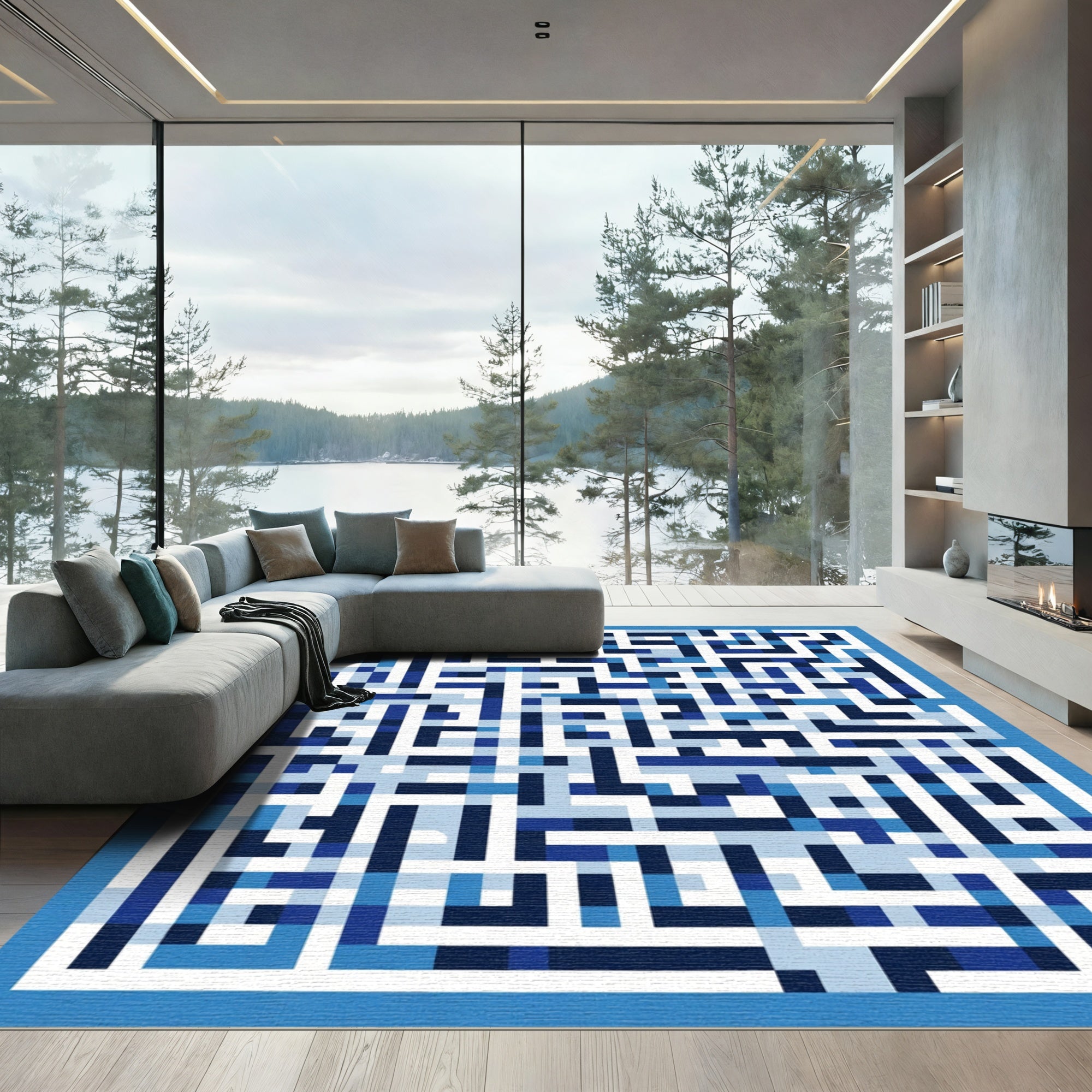Blue Labyrinth Geometric Pixelated Rug