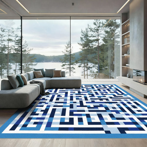 Blue Labyrinth Geometric Pixelated Rug