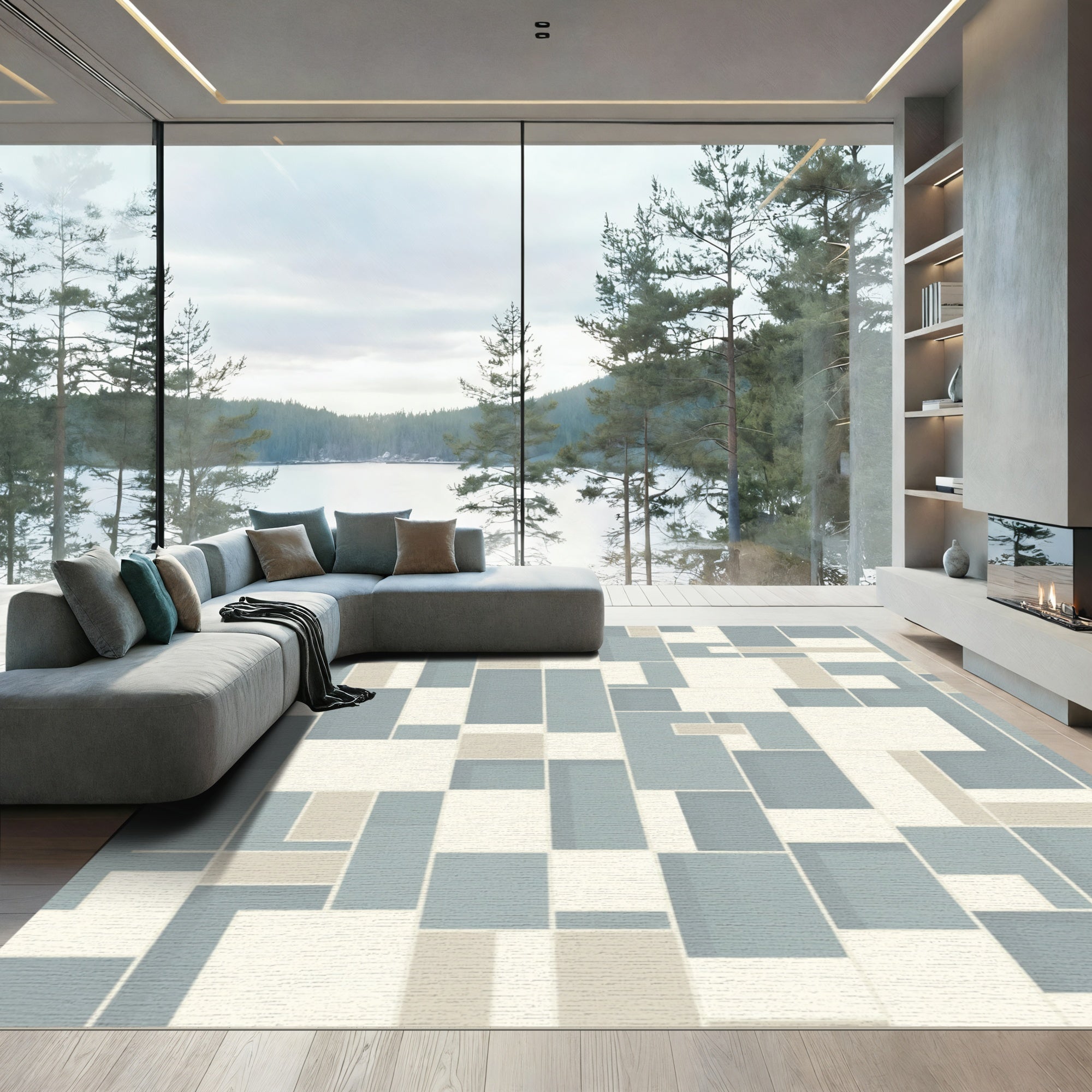 Modern Blue Geometric Block Rug