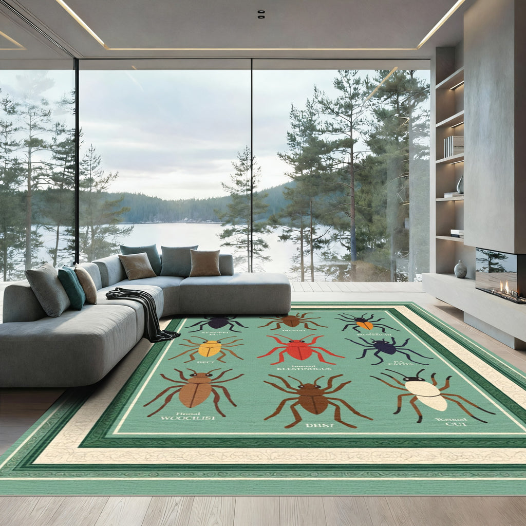 Collection Insect Icons Green Background Rug