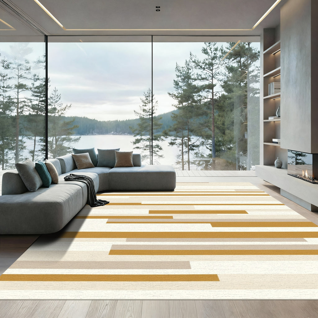 Gold Tan Cream Horizontal Stripe Rug