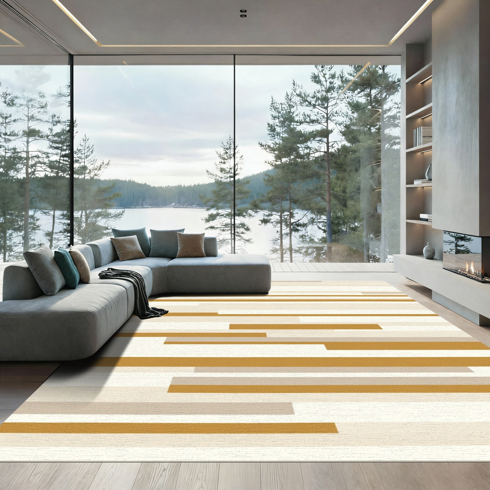 Gold Tan Cream Horizontal Stripe Rug