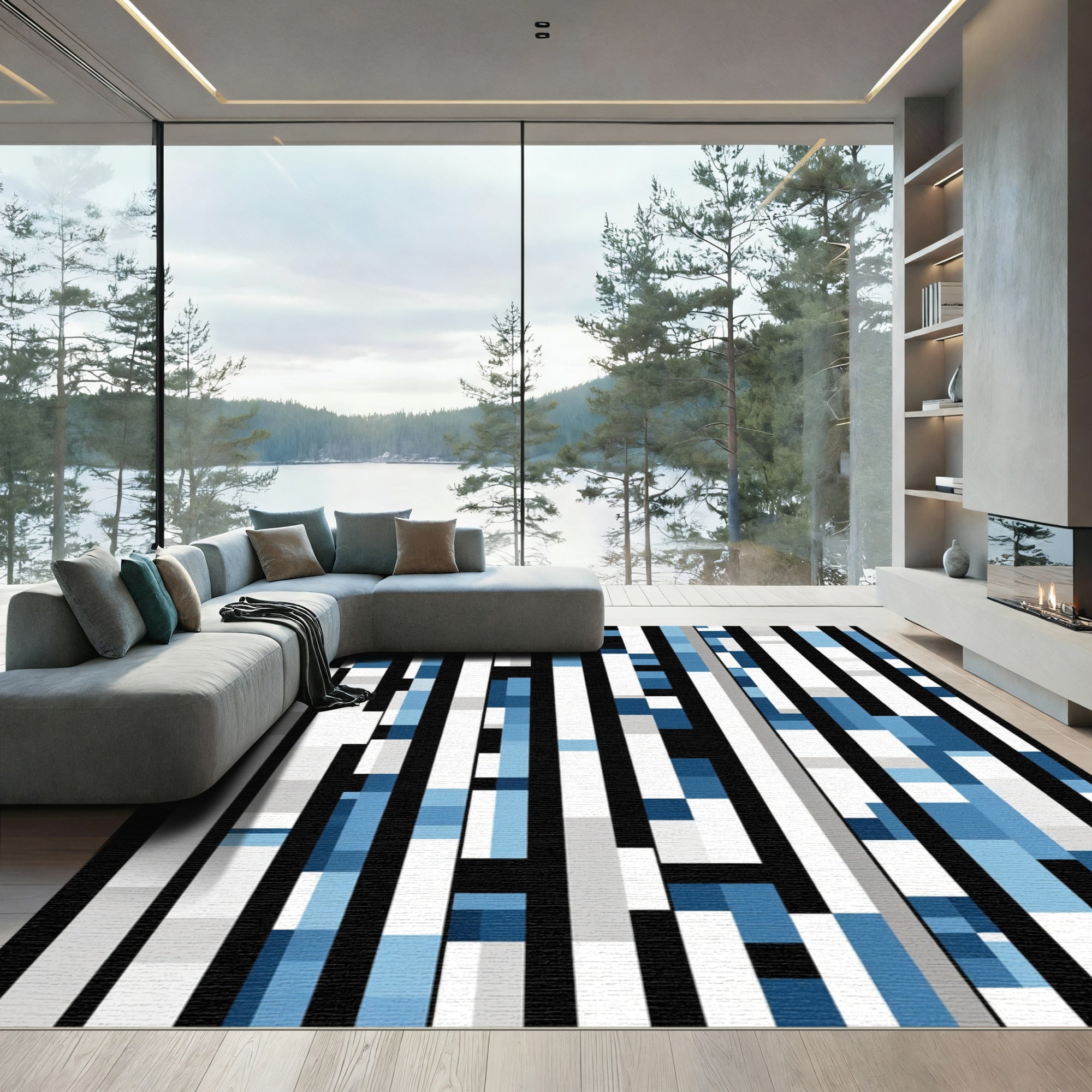 Abstract Blue White Vertical Blocks Rug